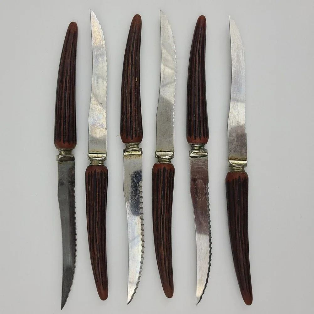 6 Vtg Regal Crest Steak Knives Sheffield England Stag Type Handles Stainless